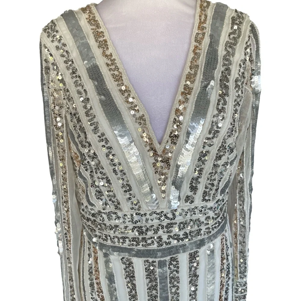 Adrianna Papell Ivory, Silver and Gold Stripe Sequin and Bead Sheath Dress 14
